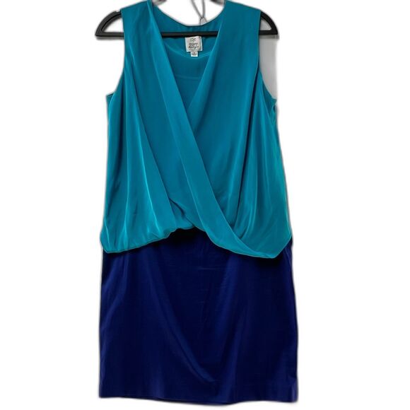Suzi Chin Maggy Boutique 100% Silk Blue Color Blocked Draped Sleeveless Dress 8 - Picture 3 of 11